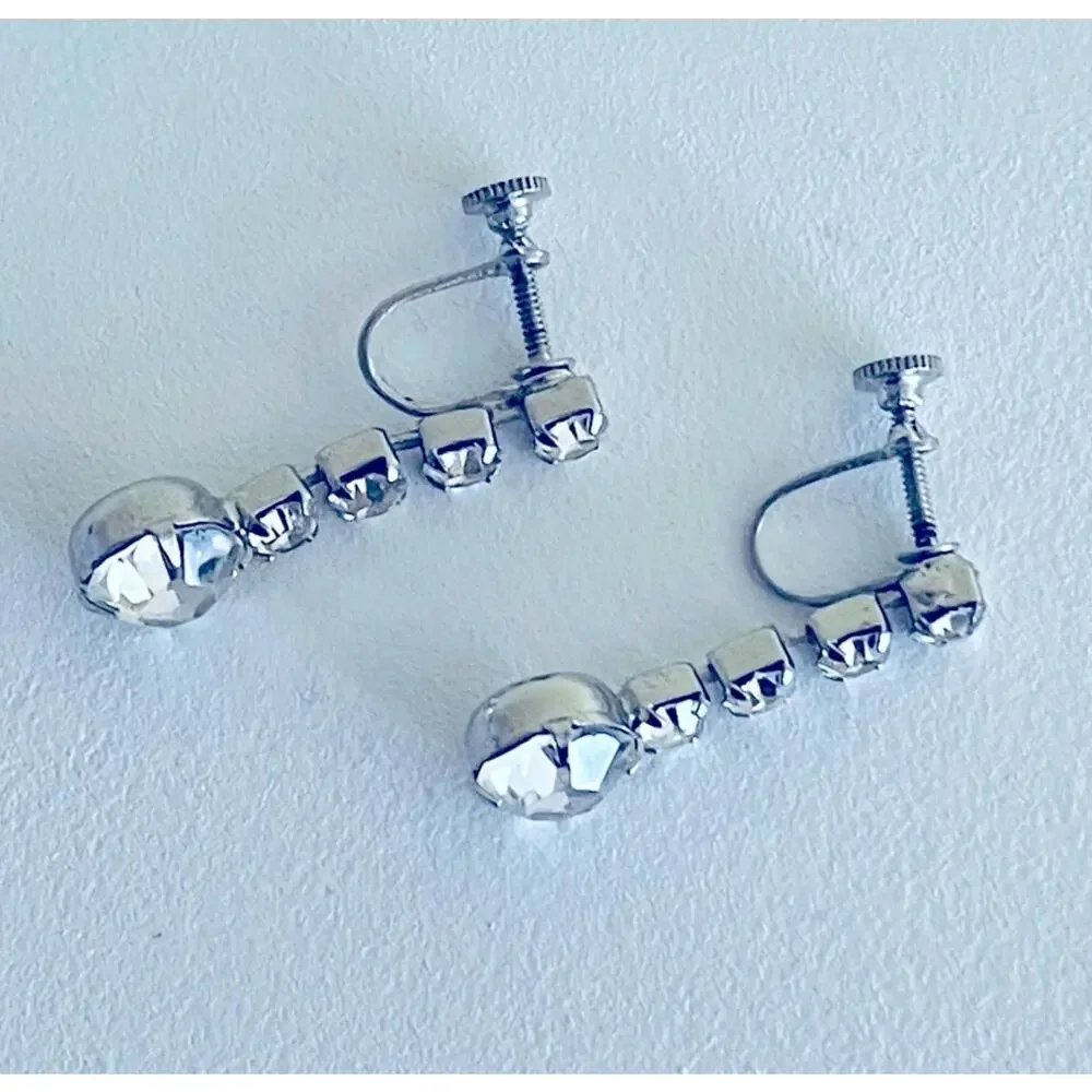 Vtg Clear Rhinestone Mid-Century EARRINGS Screw-back Formal Bridal MCM